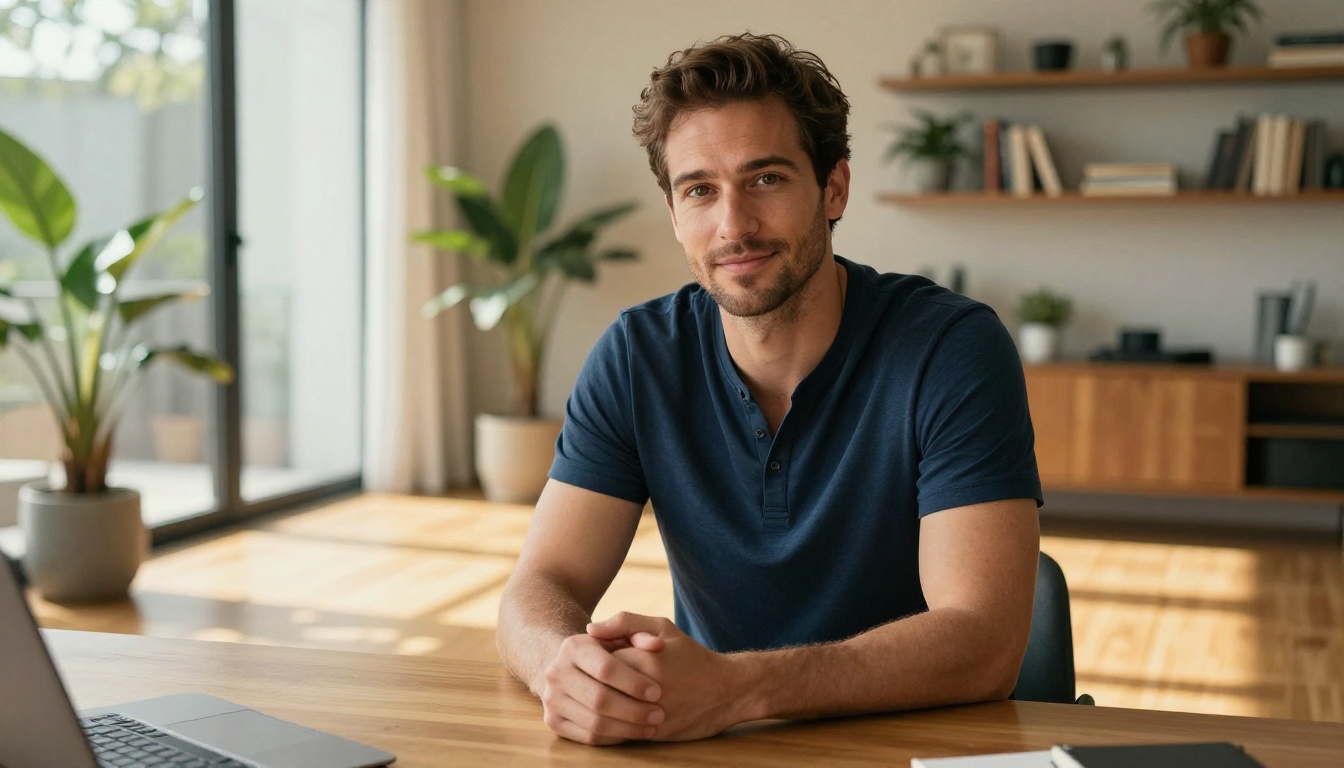 A confident AI-generated man in a modern apartment setting