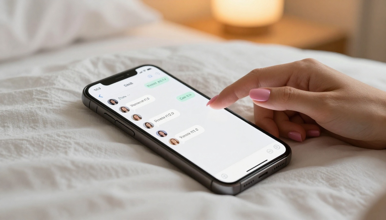Smartphone showing a romantic chat conversation in warm bedroom lighting