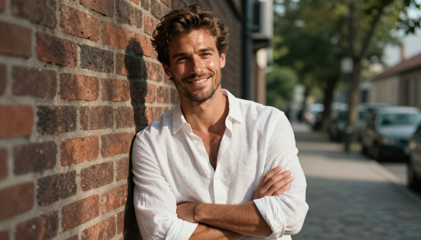 Handsome man in white linen shirt outdoors, natural sunlight