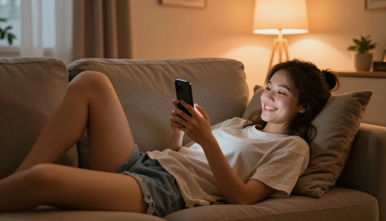 Woman on sofa smiling at her phone, warm ambient lighting