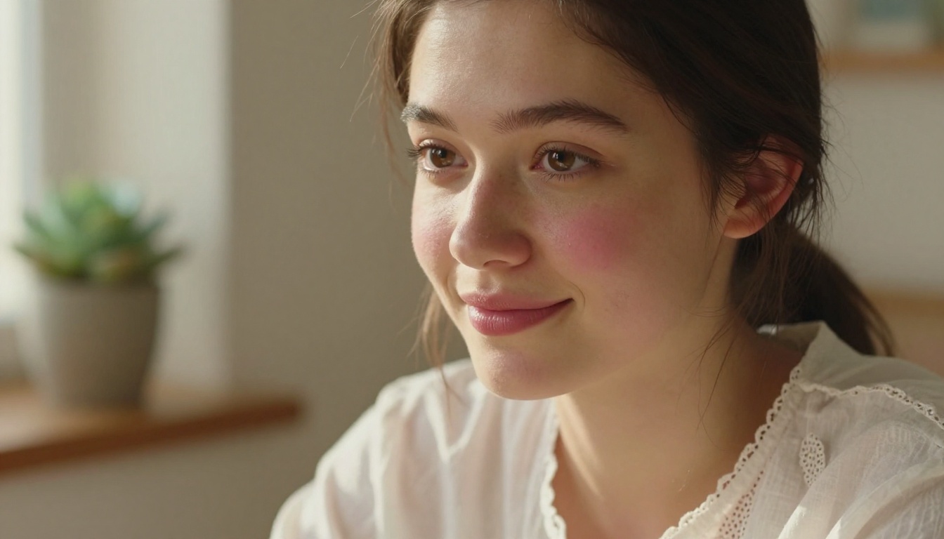 Sweet warm AI personality portrait at sunlit desk