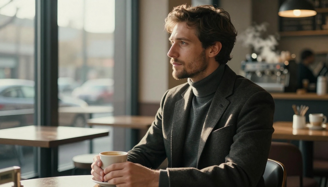 Attractive man at a coffee shop window, warm morning light