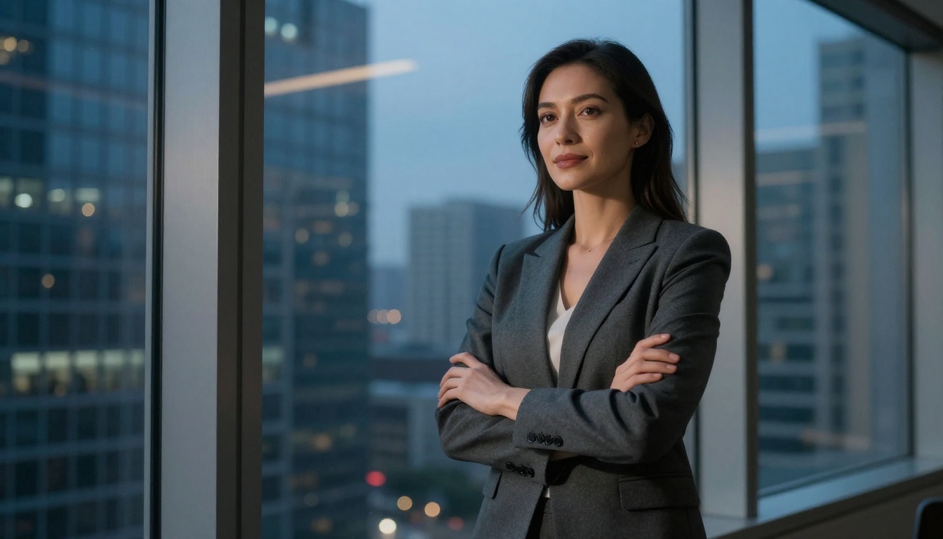 Dominant confident AI personality businesswoman at city window