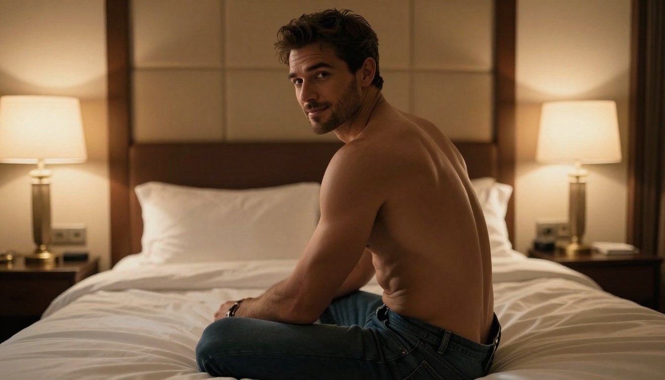 Man in suggestive pose on a hotel suite bed, warm incandescent lighting