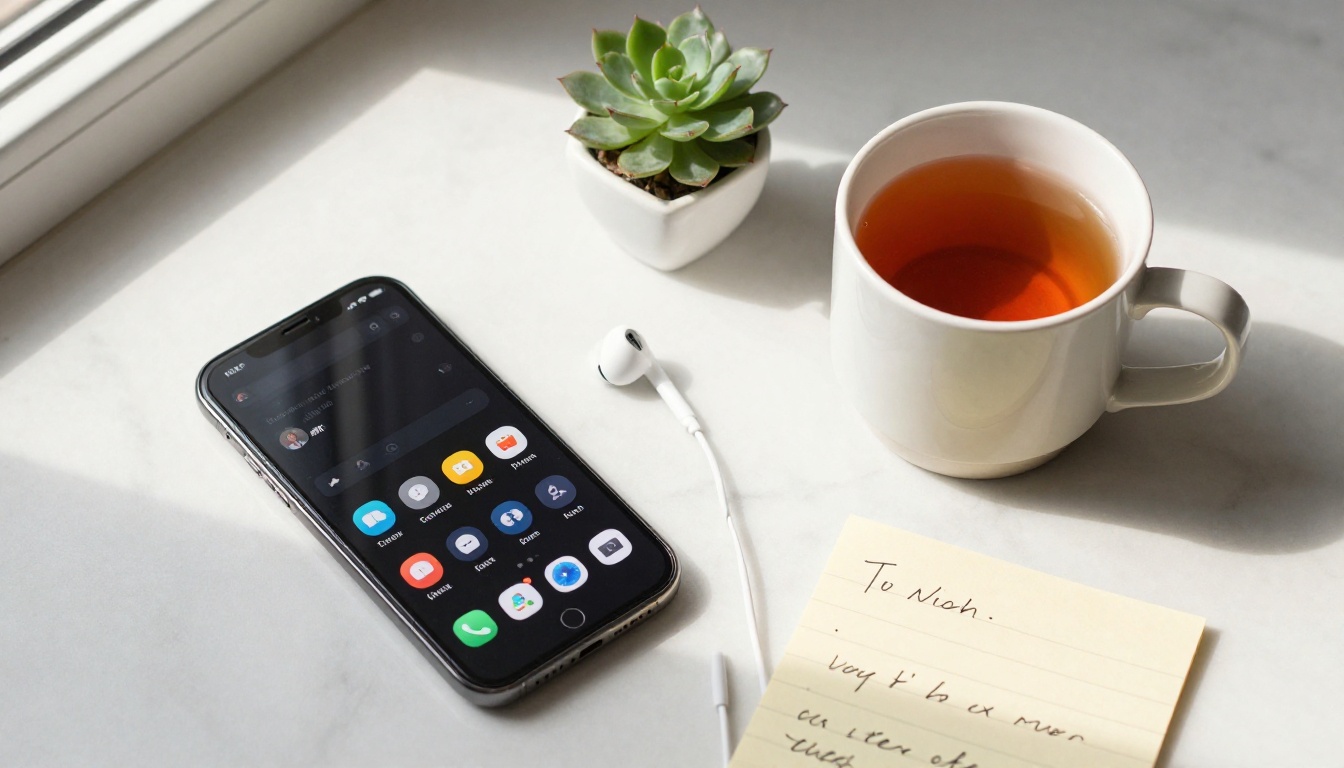 Flat lay with smartphone, earphones, notes, and warm tea