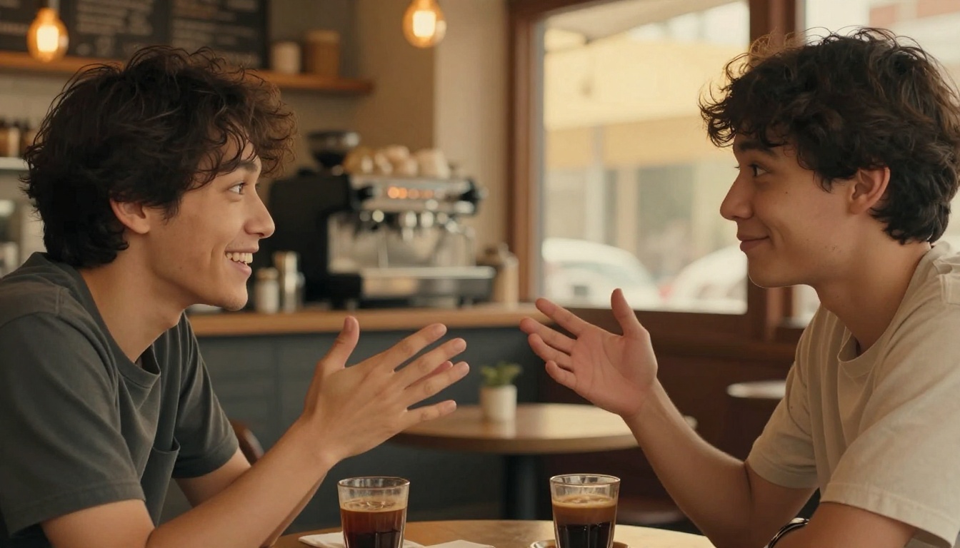 Two people in animated cafe conversation with different body language