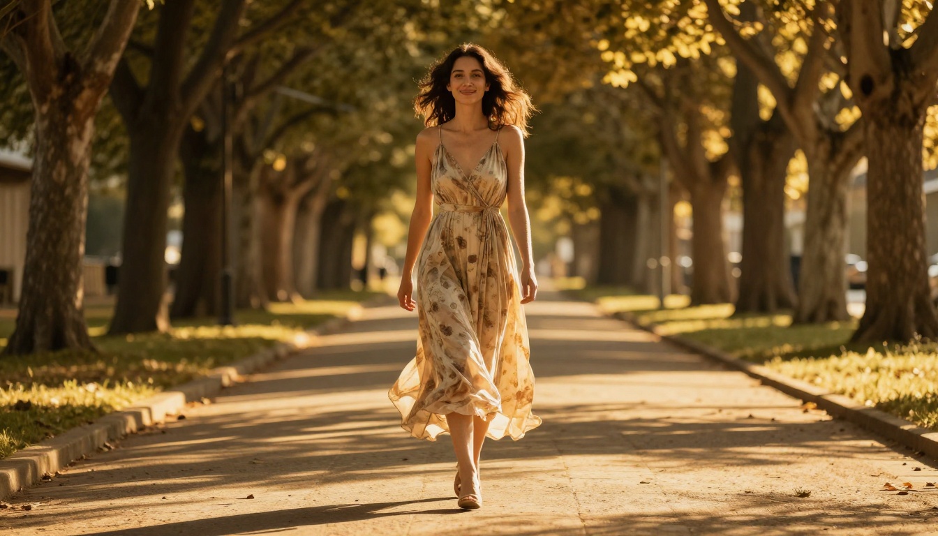 Woman walking on a golden hour sunlit avenue, flowing dress