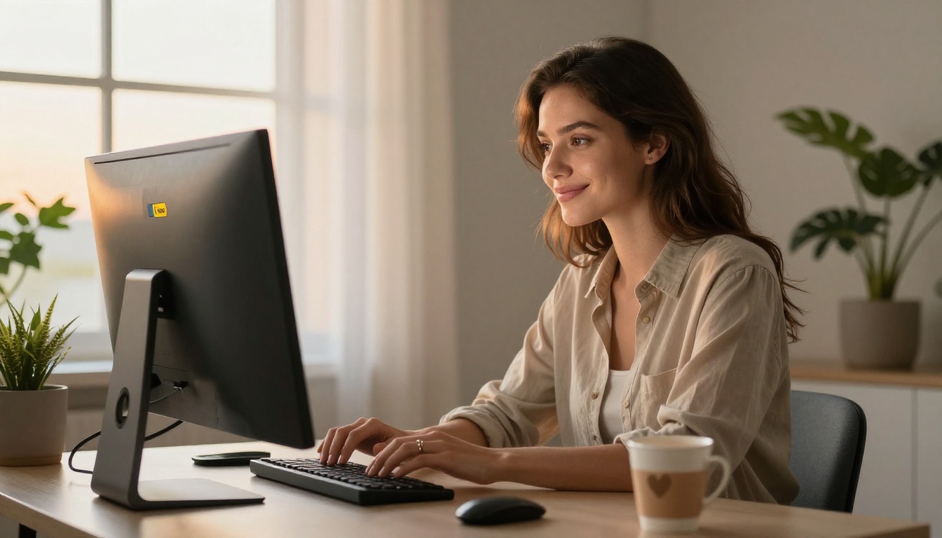Woman at workstation with warm smile reading AI chat response