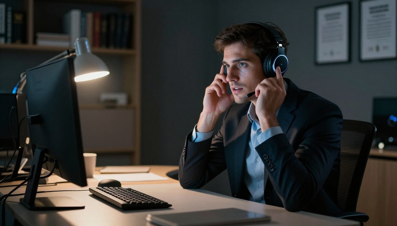 Male executive speaking assertively to voice AI assistant at standing desk