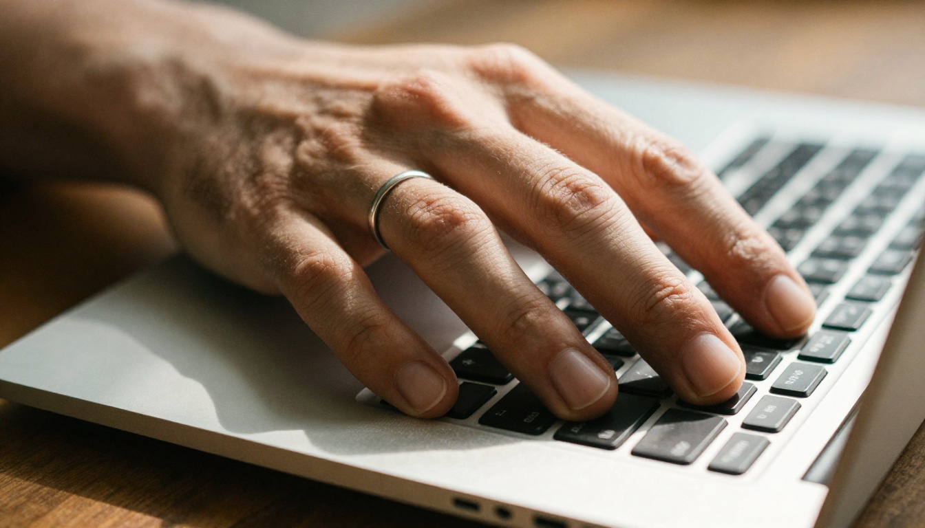 Close-up macro of hand resting on laptop trackpad with shallow depth of field