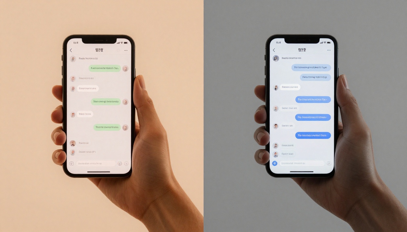 Dual phone screens comparing sweet warm and dominant cool AI chat interfaces