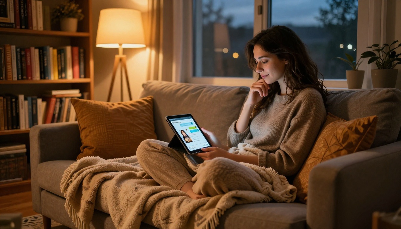 Woman on cozy sofa with tablet reading AI chat response in warm evening light