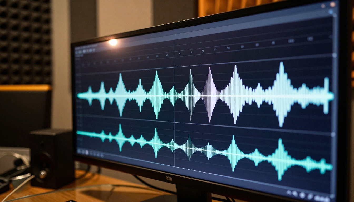 AI waveform audio visualization on professional monitor showing voice sync interface