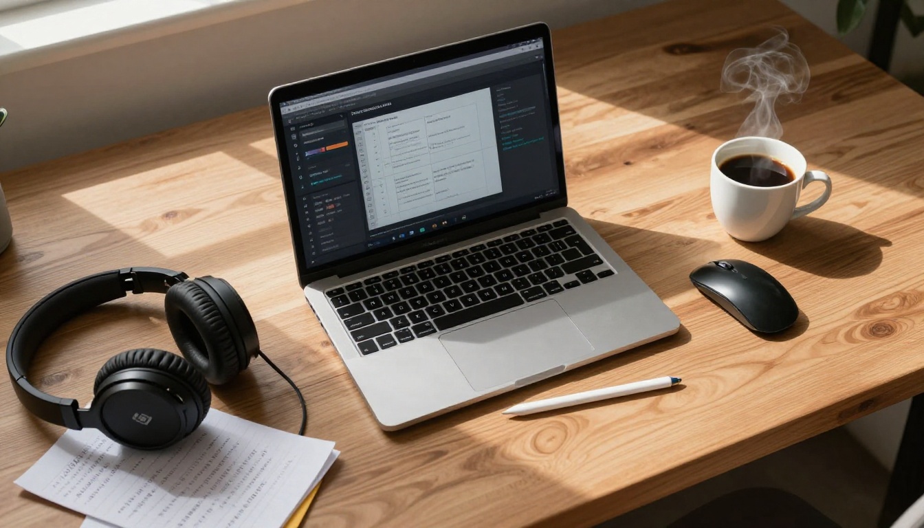Top-down view of professional content creator workspace with laptop and recording equipment