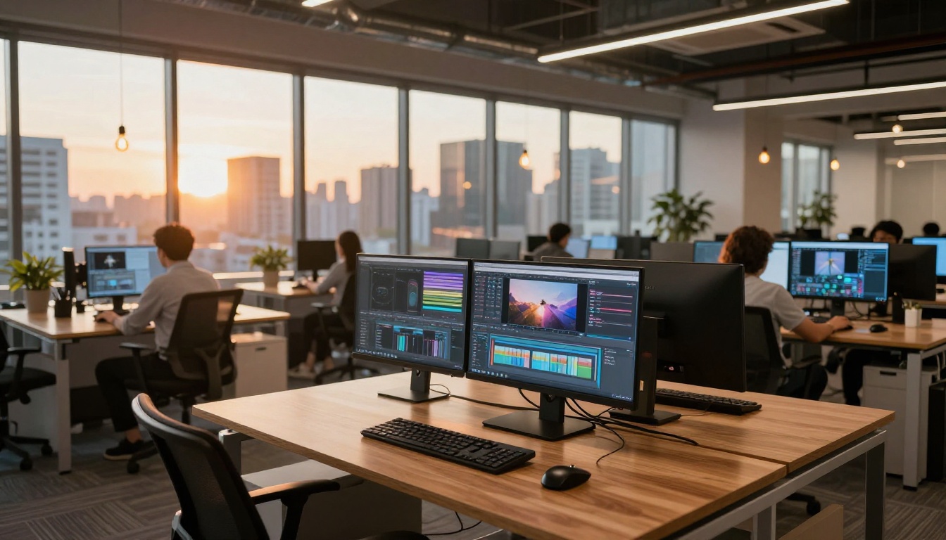 Diverse team of content creators working on AI video tools in modern office