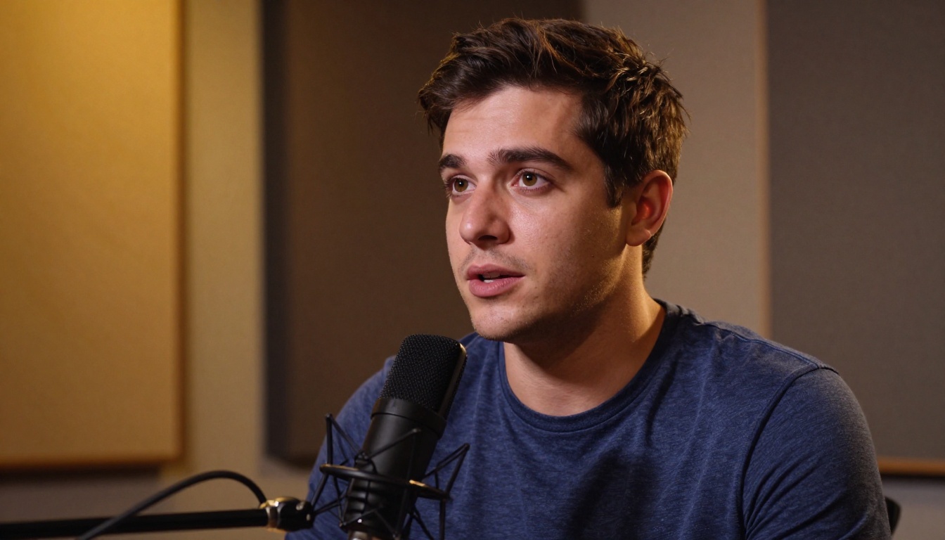 Professional content creator speaking into studio microphone with natural studio lighting