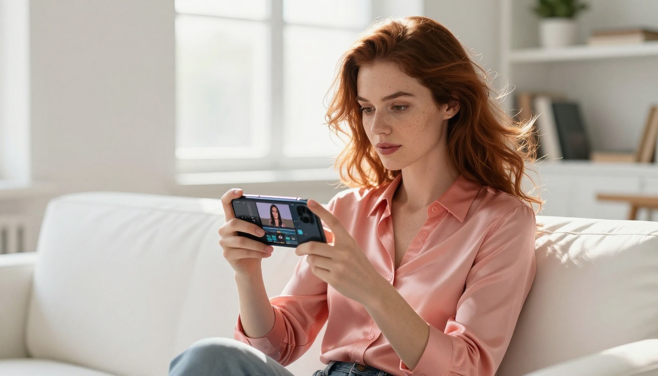 Female creator reviewing AI-generated lipsync content on a smartphone at home