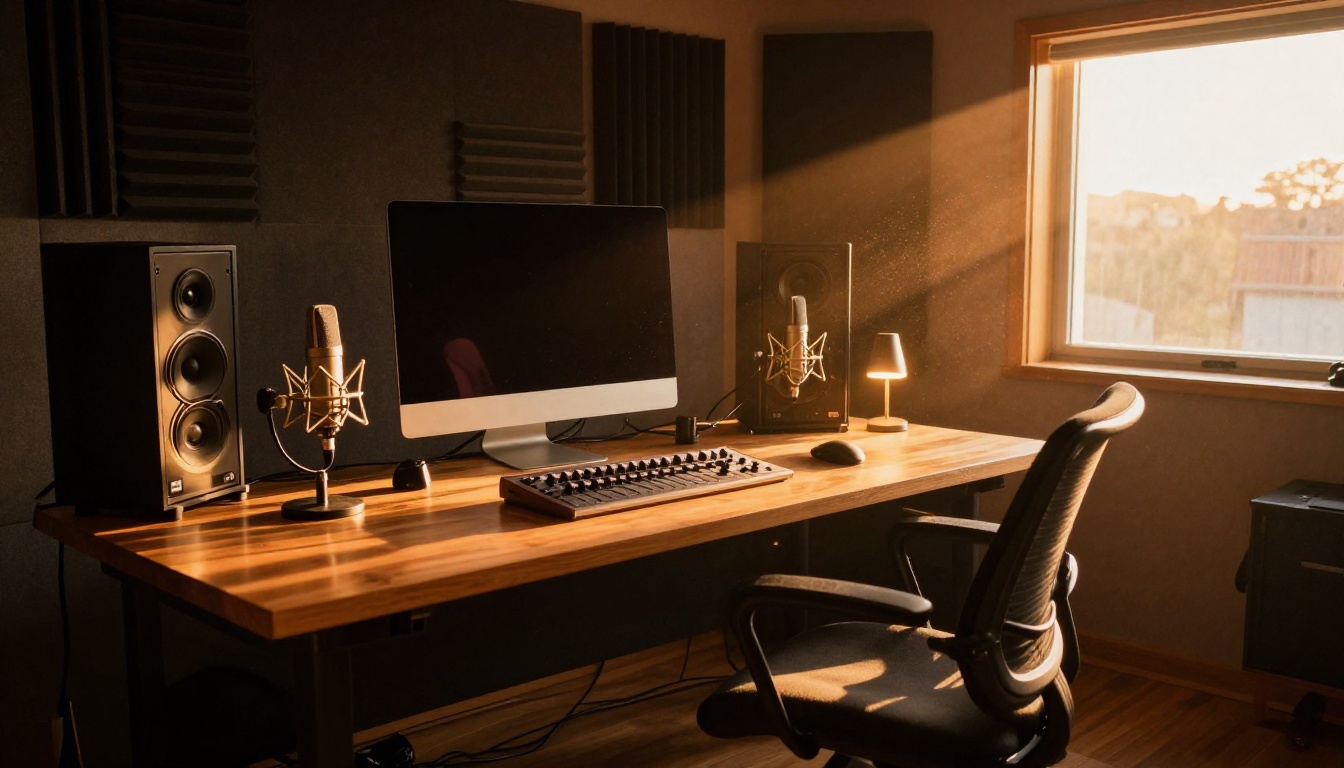 Home studio recording setup with acoustic panels and professional microphone in golden hour light