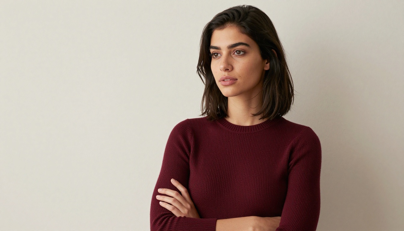 Young woman in burgundy sweater using AI content creation tools