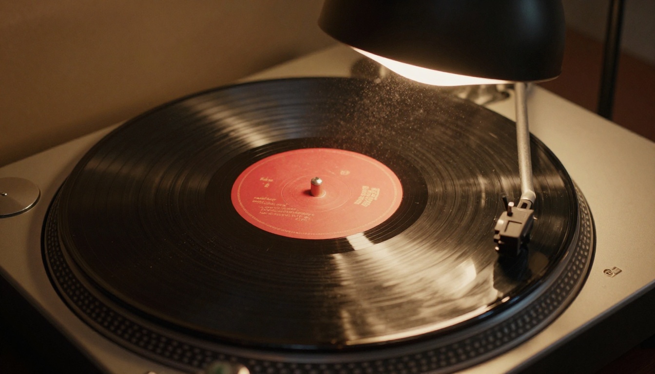 A vintage vinyl record spinning on a turntable catching warm amber studio light