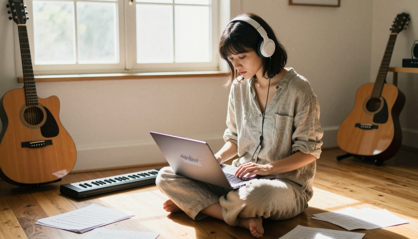 A young woman creating music on a laptop surrounded by instruments and lyric sheets in a sunlit apartment
