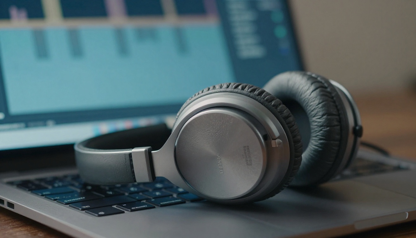 Professional studio headphones resting on a glowing laptop showing an audio spectrogram