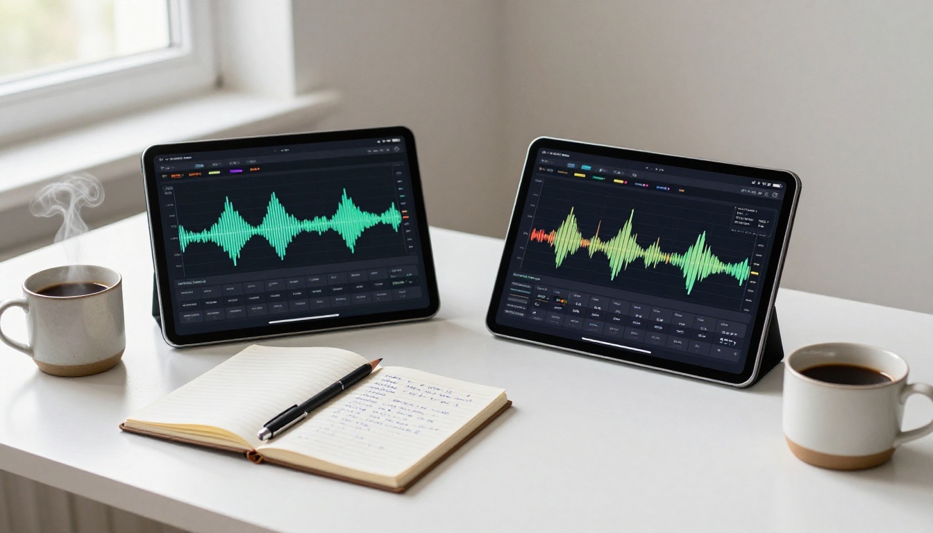 Two tablet screens showing audio waveform interfaces next to a notebook and steaming coffee mug on a white desk