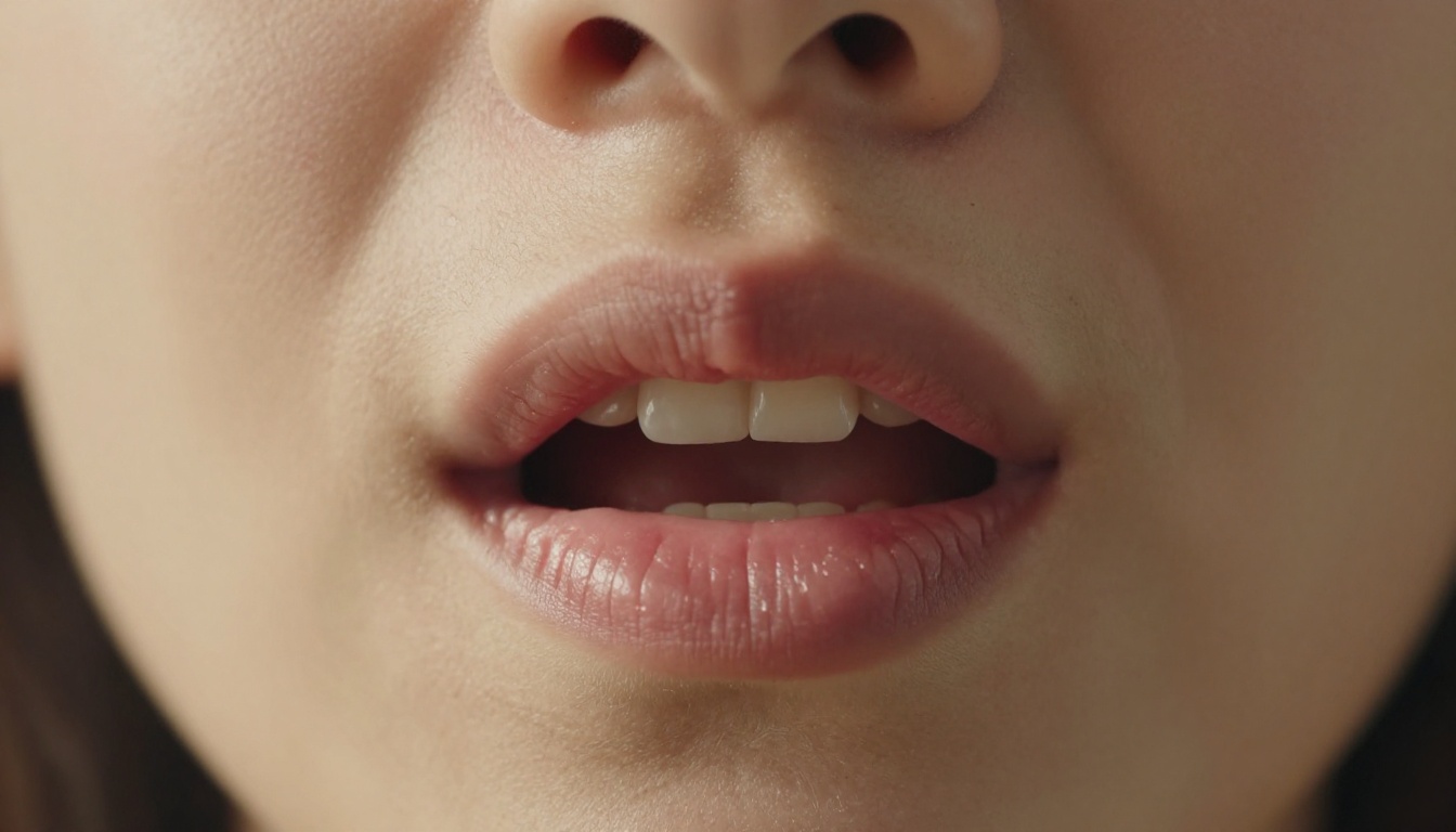 Extreme macro close-up of a human mouth mid-vowel, lips parted, fine skin texture and film grain, sharp lip focus with soft chin bokeh