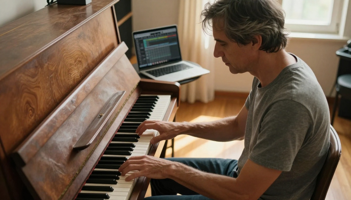 A musician seated at a piano in a warmly lit home studio with afternoon sunlight streaming through a window