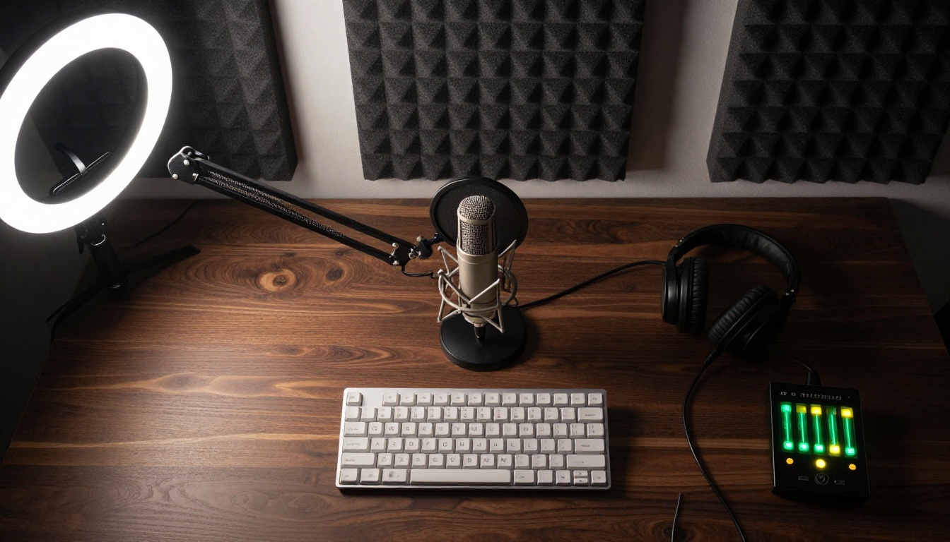 A podcast recording setup with condenser microphone, headphones, and illuminated audio interface on a walnut desk