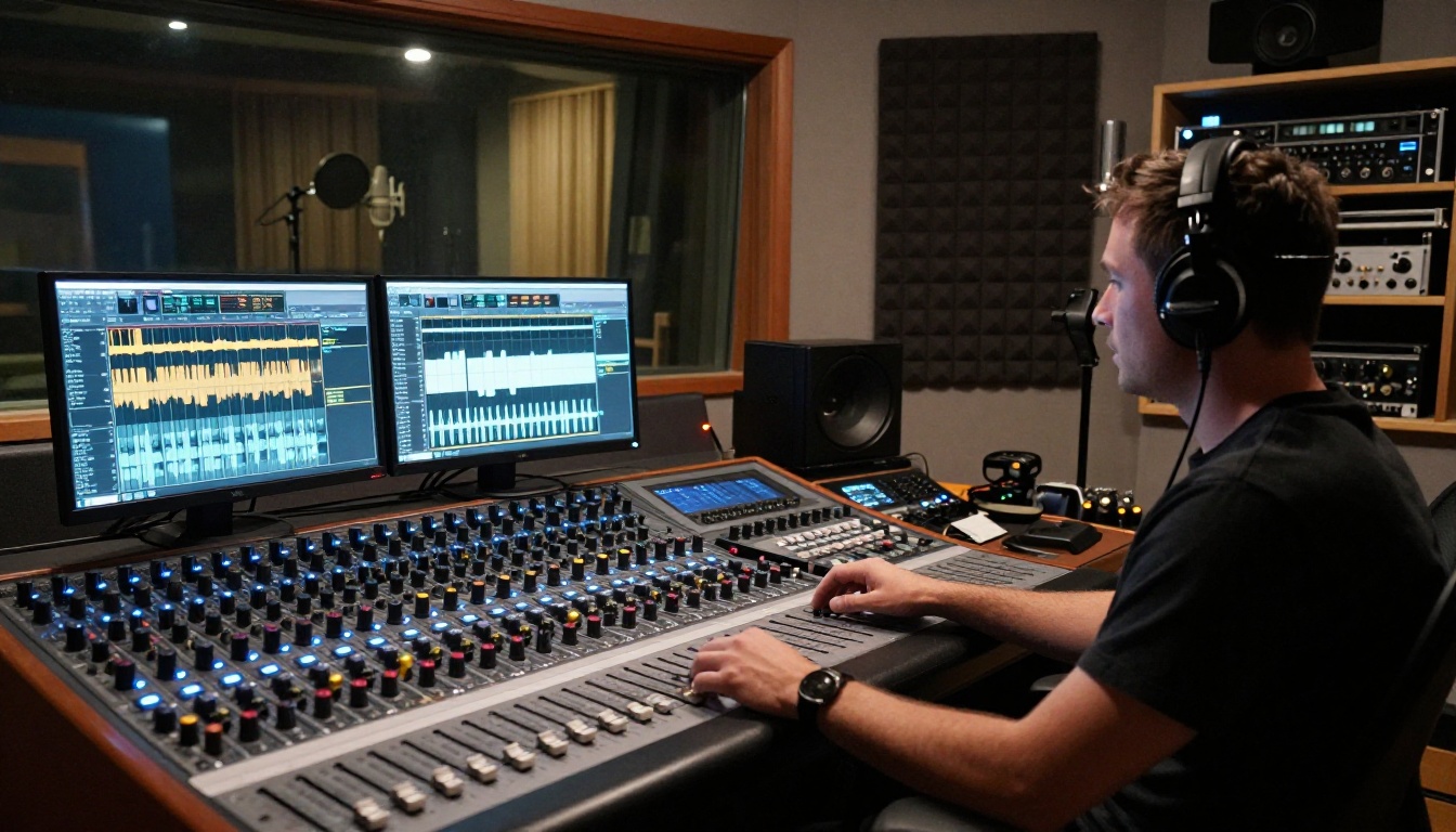 Sound engineer at a professional mixing console analyzing audio waveforms in a dimly lit recording studio