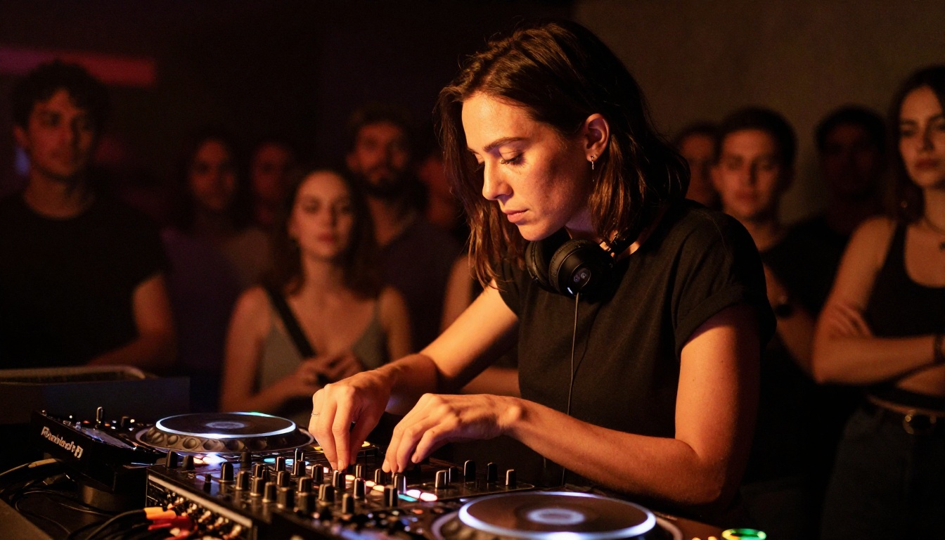 A female DJ performing behind CDJ turntables with warm spotlights and blurred crowd silhouettes in the background
