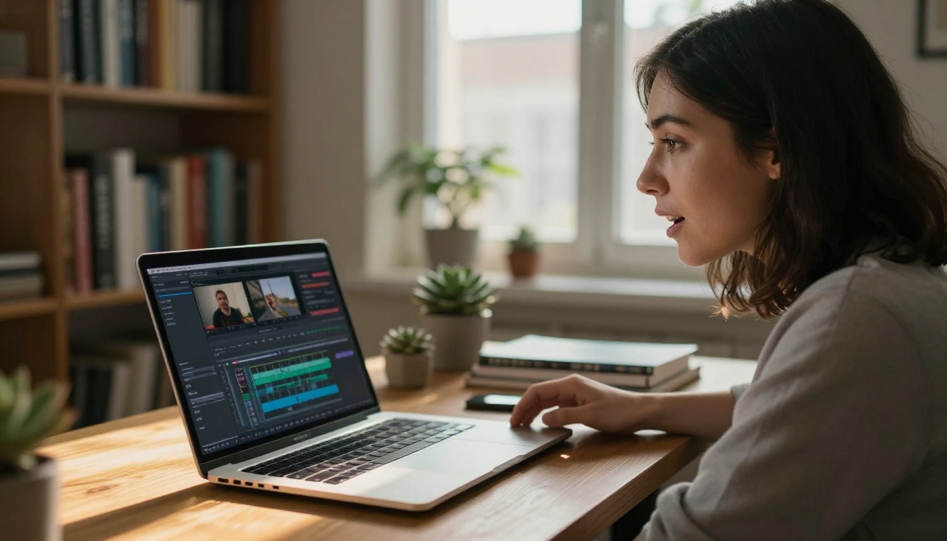 Young woman with dark hair at a home office desk, mouth open mid-speech, working on a video editing timeline