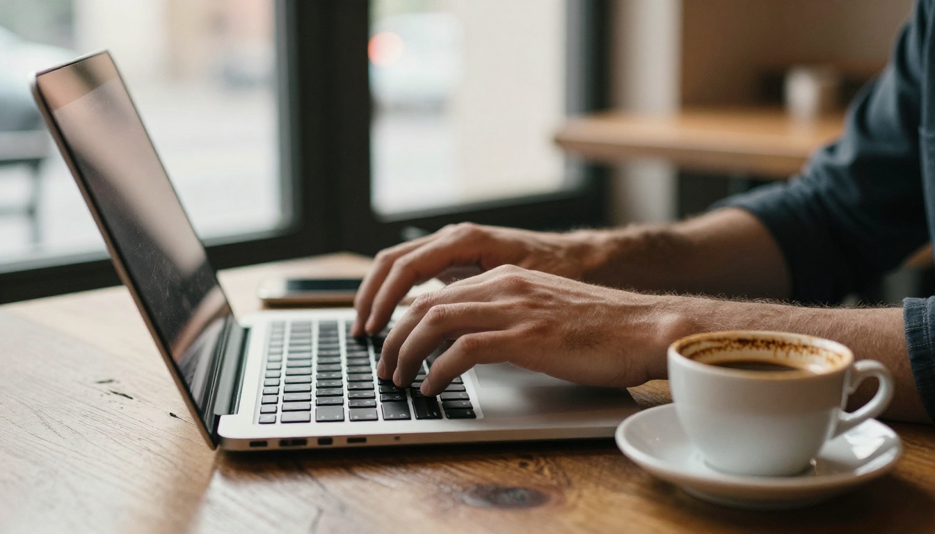 A man's hands typing on a laptop at a cafe table with an espresso cup, warm afternoon light from the left