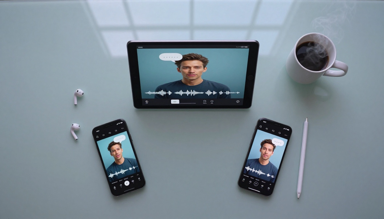 Overhead aerial view of smartphones and tablet on a glass desk, each screen displaying AI avatar interfaces mid-speech