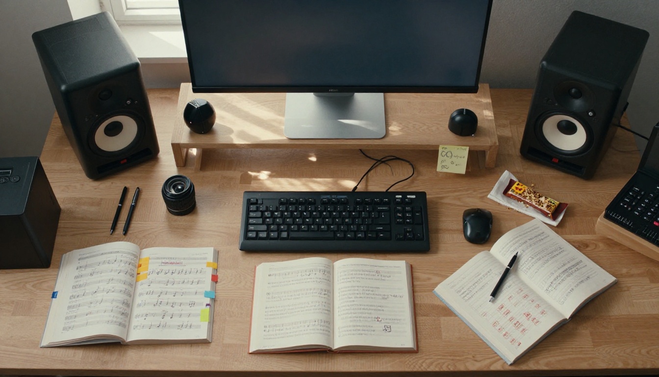An aerial view of a music production workspace with MIDI keyboard, audio interface, studio monitors, and sticky notes
