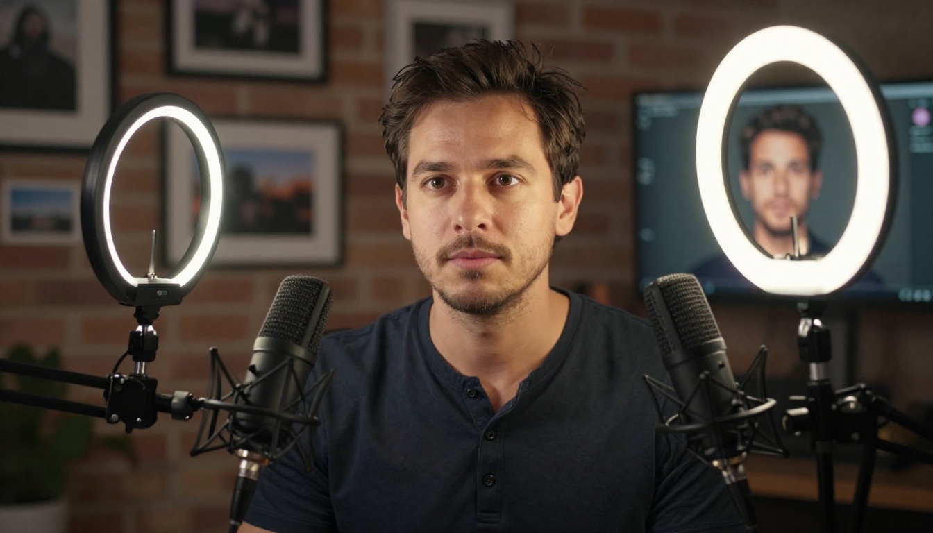 Male content creator seated at a professional podcast setup with dual microphones and a monitor showing an AI avatar face