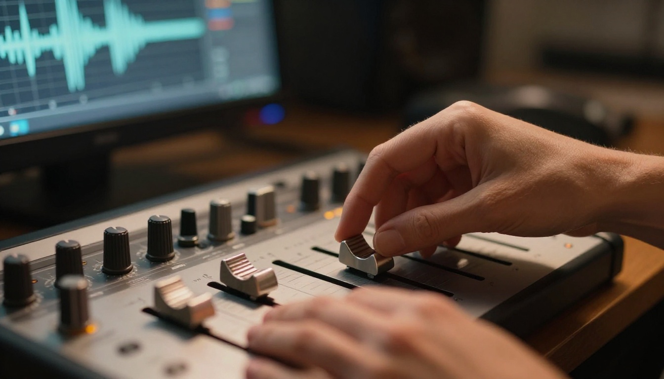 Hands adjusting equalizer sliders on a professional audio interface