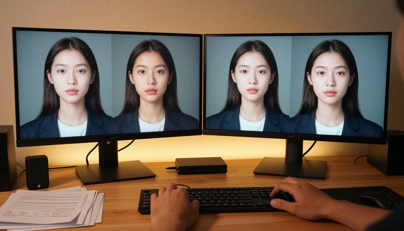 Low-angle view of a video producer's dual-monitor workstation comparing misaligned and perfectly synced AI avatar lip movement