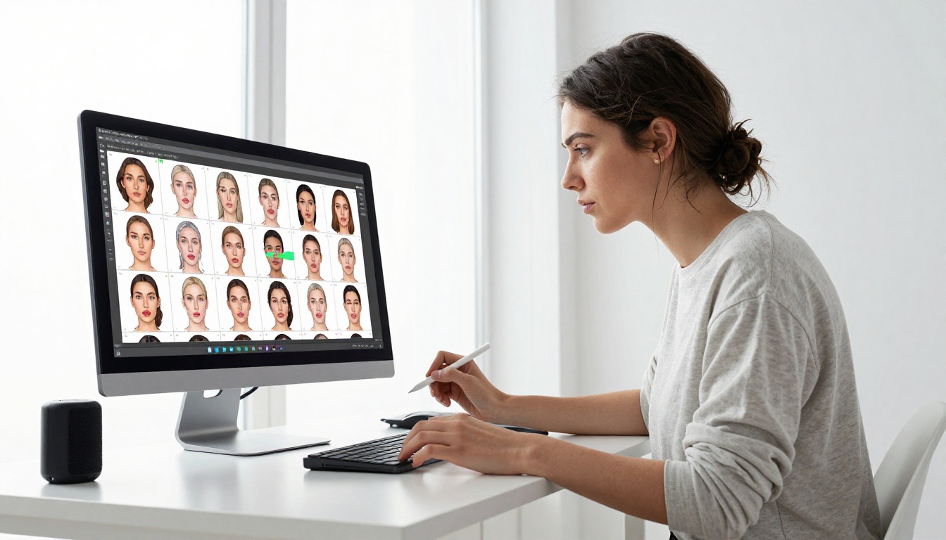 Female digital artist at a standing desk studying a facial animation keyframe timeline on a large touchscreen monitor