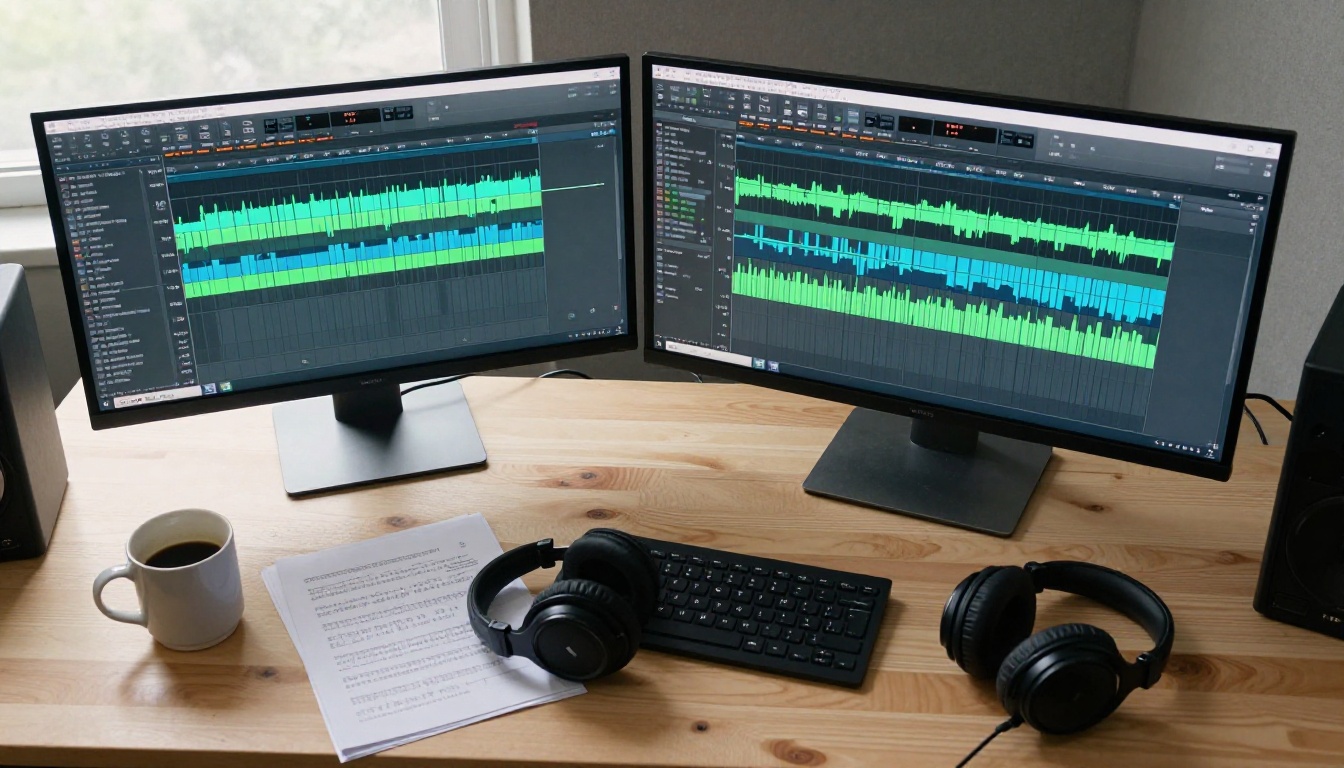 Audio engineer reviewing waveforms at a professional studio workstation