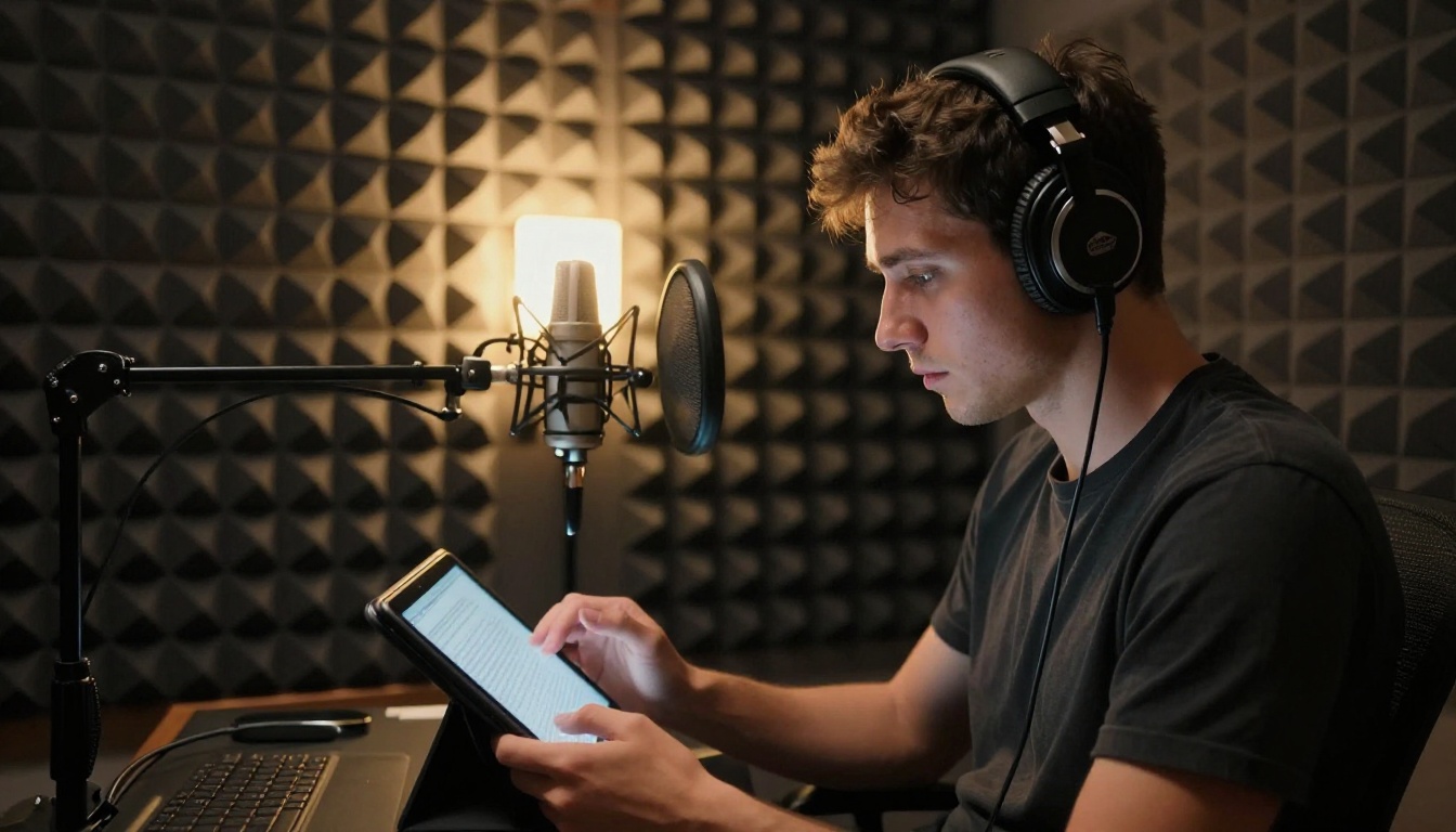 Young man reviewing a script in a home recording booth with acoustic foam treatment