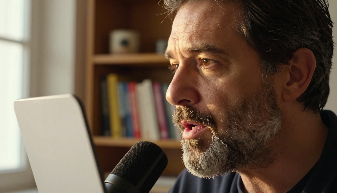Close-up three-quarter portrait of a mature man with salt-and-pepper beard speaking into a condenser microphone under warm golden light