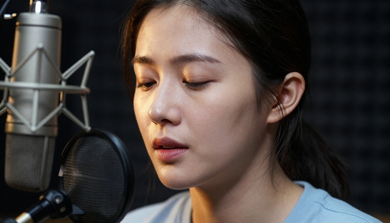 Young woman voice actor performing at a studio condenser microphone with focused expression