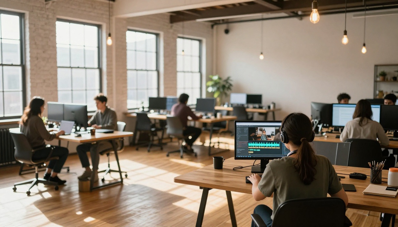 Wide shot of a modern co-working space with multiple creators working on video and audio projects at wooden desks