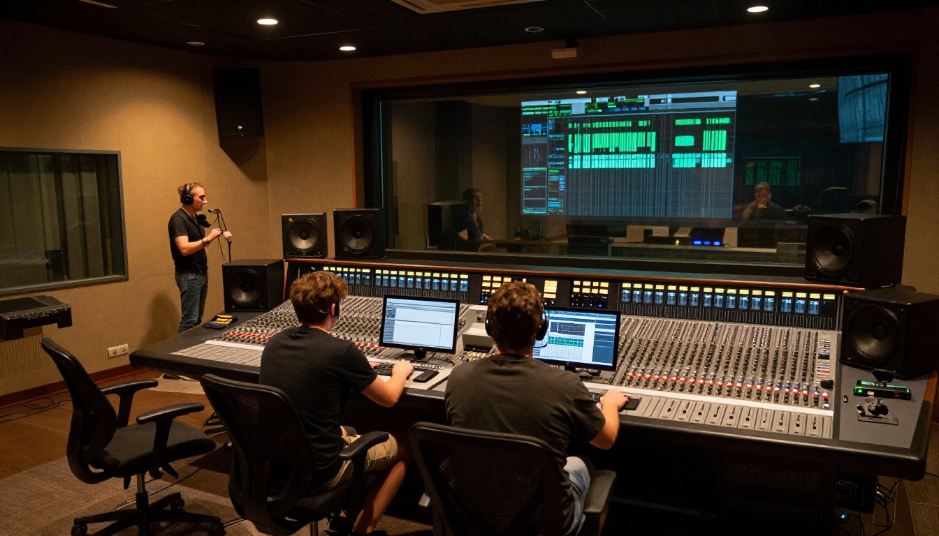 Professional studio recording session with control room and vocal booth visible through glass