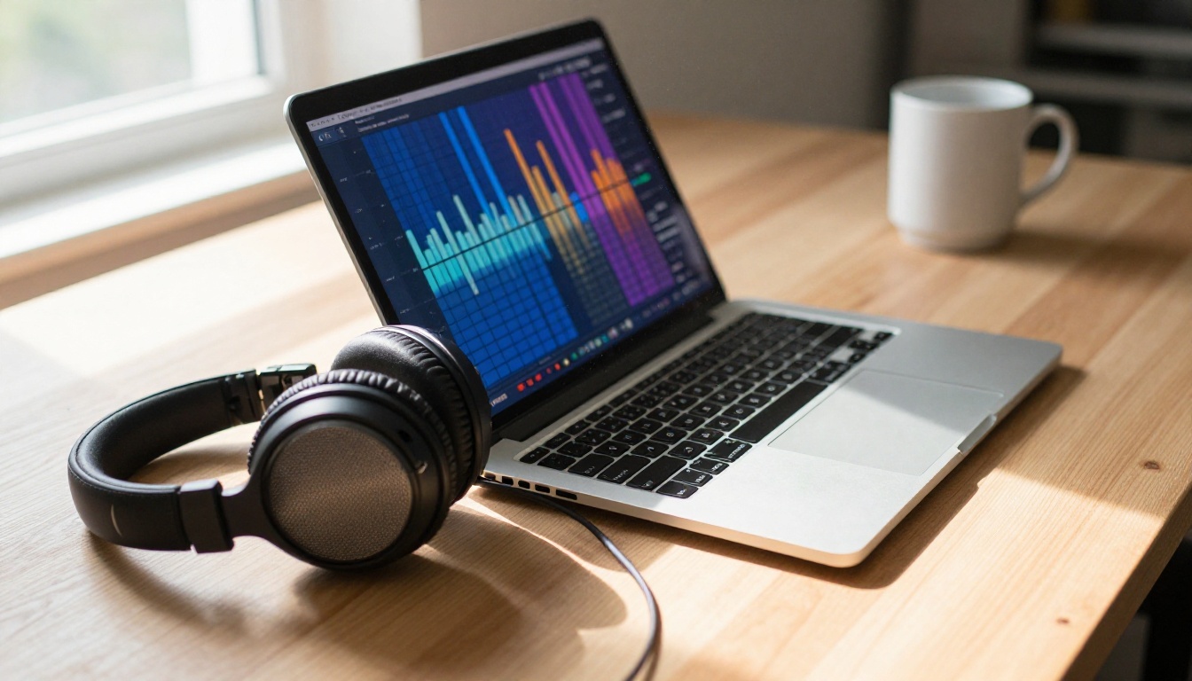 Laptop showing audio visualization on a desk beside open-back headphones in morning light