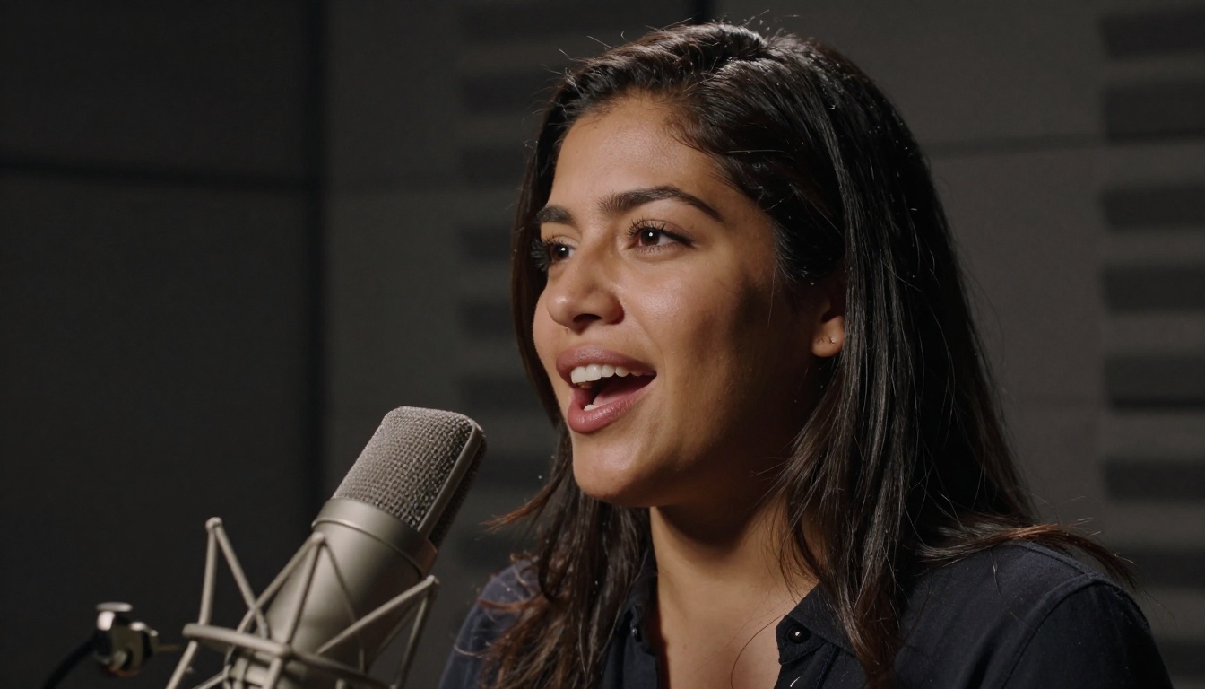 Expressive woman voice actor performing at a studio condenser microphone
