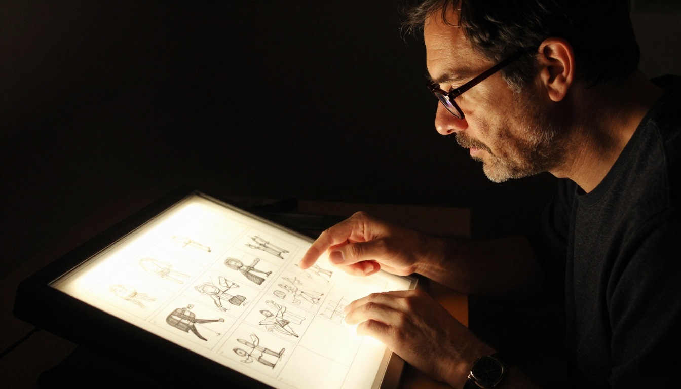 Sound director studying storyboard panels on a light box table in profile view