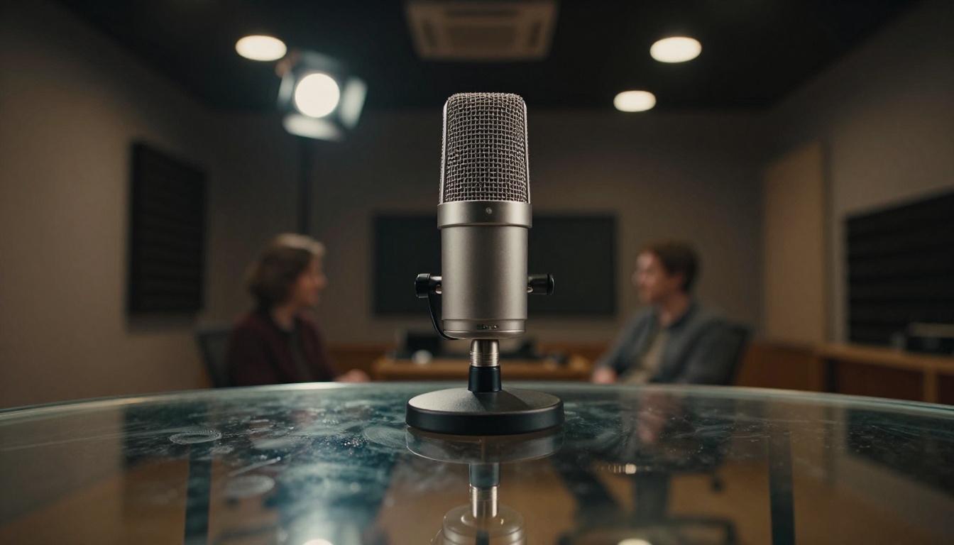 Close-up of studio microphone shot through glass table surface with blurred people in background